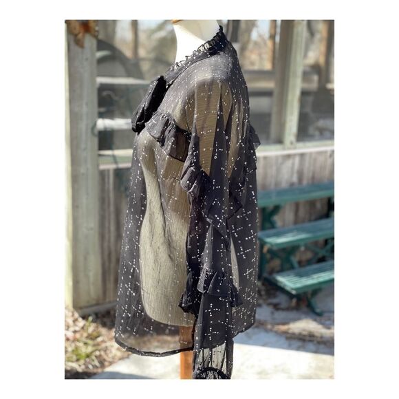 Cream Sheer Blouse Long Statement Sleeve Keyhole Bow Tiered Ruffle Neck Sz 38 - Picture 8 of 11